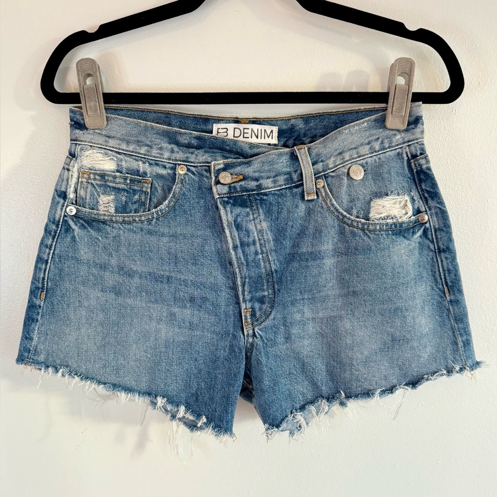 EB Denim Frayed Hem Asymmetric Button Jean Shorts- Size 27